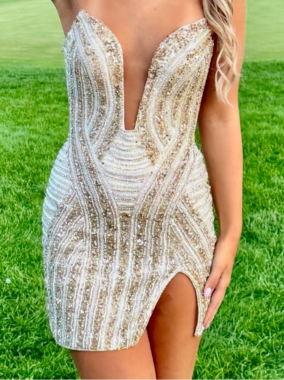 Portia & Scarlett Strapless Gold White Ivory Sequin Cocktail Gown s.0 PS25812C